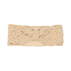 Detail of cable knit headband with warm fleece lining and bow twist in beige
