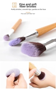 Detail showing soft purple gradient bristles of bamboo makeup brushes on skin texture