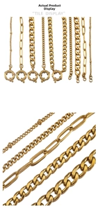Macro display of golden stainless steel chain styles featuring curb and paperclip links