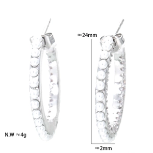Fashionable silver C-shaped hoop earrings with imitation pearls for women on white background