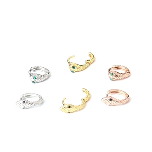 Punk style snake hoop earrings set in silver, gold, and rose gold with small gems