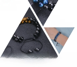 Detail view of woven double-layer bracelet with natural blue tiger eye and obsidian beads