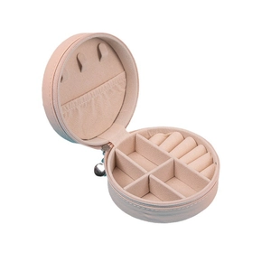 Portable round PU leather travel jewelry box with zipper and functional compartments