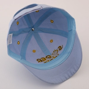 Inside view of light blue kids baseball cap showing reinforced seams and embroidery detail