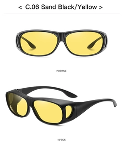 Front and side view of matte black wrap-around night vision glasses with yellow lenses