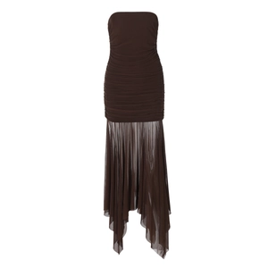 Detail of dark brown strapless dress showing ruffled bodice and mesh asymmetric hemline