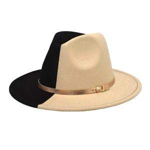 Two-tone wool fedora hat in black and beige with a metallic buckle leather band detail