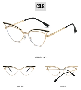 Detailed views of gold cutout cat eye sunglasses with metal frames and black tips