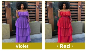 Details der plissierten schulterfreien Chiffon-Maxikleider in Violett und Rot
