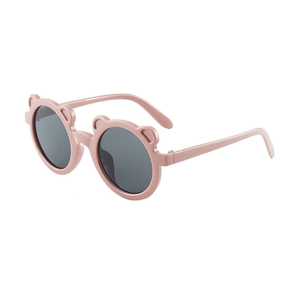 Cute pink round frame children sunglasses with bear ear design and dark lenses