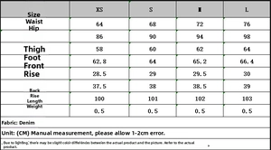 Detailed size chart for high waist wide leg jeans with waist and length measurements