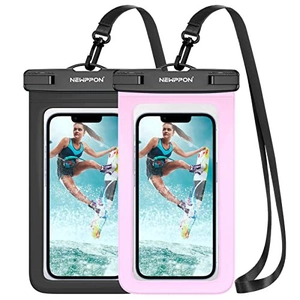 Universal waterproof phone pouches in black and pink with secure seals and adjustable lanyards