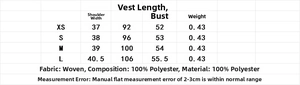 Detailed size chart for the embroidered faux suede vest with precise measurements