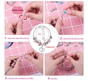 DIY charm bracelet assembly guide showing how to open the chain and add colorful beads