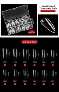 Size chart showing 12 dimensions for clear long almond press on nail tips 120pcs