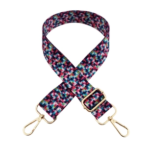 Adjustable woven shoulder strap with colorful V-shaped geometric patterns and gold metal hooks