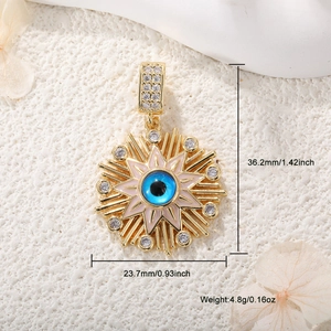 Detailed view of evil eye sunburst pendant with size 36.2x23.7mm and weight 4.8g