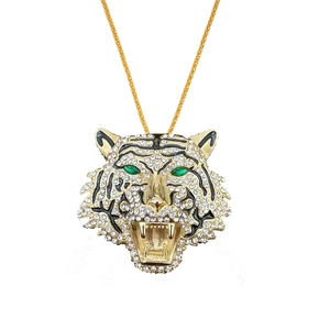 Collier pour homme avec pendentif tête de tigre, plaqué or, strass et yeux verts