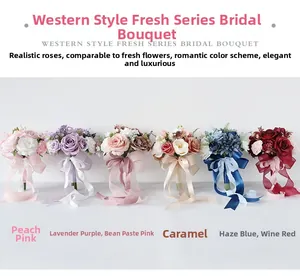 Close-up of vintage bridal rose bouquets in six colors with ribbons for weddings