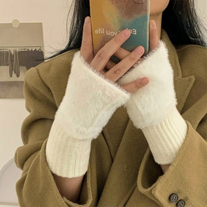 Winter faux mink fur fingerless gloves for women with extended knit ribbed cuffs in white