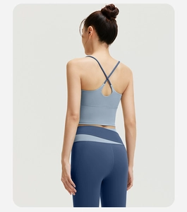 Detailaufnahme Sport-BH mit Kreuzgurten und Yoga-Hose mit hohem Bund für Damen