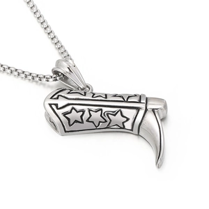 Polished stainless steel cowboy boot pendant necklace with three embossed stars