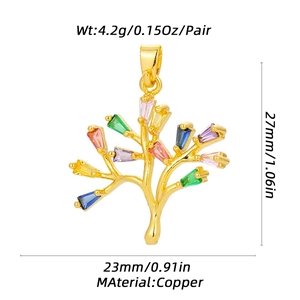 Detail view of tree of life pendant in copper with multi-color rectangular gemstones