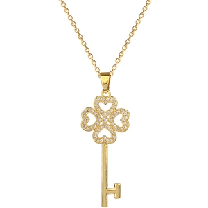 Luxury gold four-leaf clover key pendant necklace with sparkling zircon pavé on chain