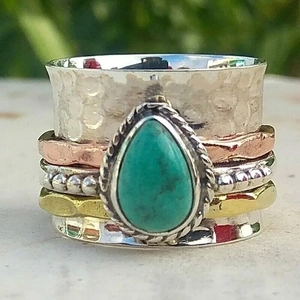 Anillo Spinner Bohemio Vintage Para Mujer Aleación Tricolor Martillado Con Turquesa En Forma De Gota Joyas Meditación
