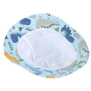 Kids light blue bucket hat with colorful cartoon dinosaur prints and white lining