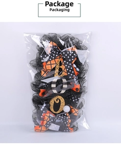 Halloween wreath kit packaging with black mesh ribbons and BOO signage for DIY decor