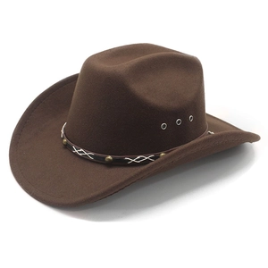 Western Cowboy Hat Woolen Felt Breathable Eyelets Rivet Leather Band Wide Brim Retro Outdoor Fedora Unisex