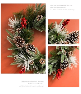 Detail of Christmas wreath featuring pine needles, natural cones and red berries on orange background