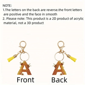 2D acrylic honey bee letter A keychain with golden lobster clasp and yellow tassel detail