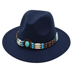 Classic dark blue wool fedora hat with ethnic turquoise beaded band decoration