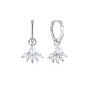 S925 sterling silver hoop earrings with marquise diamonds and elegant white pearls