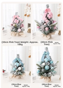 Detailed comparison of pink and blue flocked mini Christmas trees in 30cm and 40cm sizes