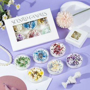 Aromatic soy candle gift set with dried flowers and crystals in a white window box