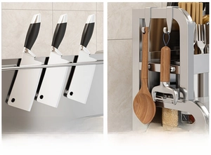Detail of adjustable knife holder and movable hooks on stainless steel kitchen rack