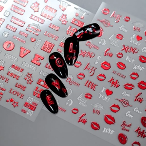 Romantic Valentine heart nail stickers with LOVE and XOXO patterns for DIY nail art decor