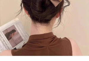 Rückansicht einer doppellagigen braunen Netz-Schleifen-Haarklammer am Haarknoten