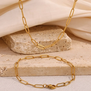 Minimalist Stainless Steel Gold Plated Paperclip Chain Necklace Bracelet Set For Women Fashion Daily Jewelry Accessory