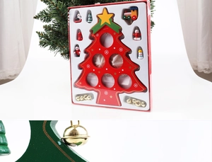 Detail of wooden Christmas tree frame with colorful miniature dolls and golden bells