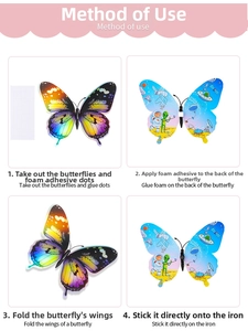 Step-by-step guide showing how to apply 3D butterfly wall stickers with adhesive dots