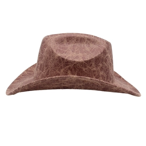 Classic western cowboy hat with distressed brown leather texture and rolled brim style