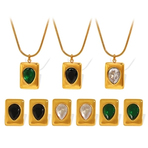 Golden titanium steel jewelry set featuring water drop pendants in green, black and clear