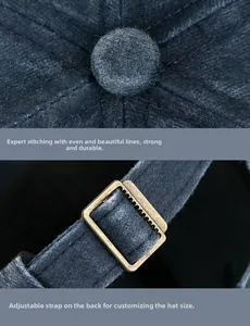 Detail of reinforced sewing craftsmanship and adjustable metal strap on washed cotton cap