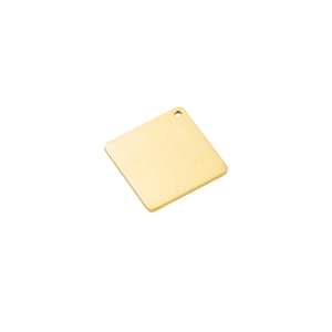 Macro shot of a square gold stainless steel tag with mirror finish and pre-drilled hole