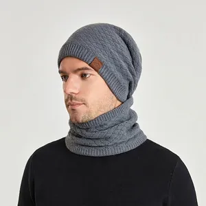 Winter knitted beanie and neck warmer set in grey with thick fleece lining for warmth