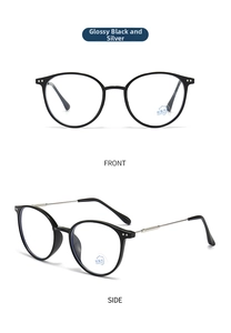 Detailed front and side views of black and silver round anti-blue light glasses